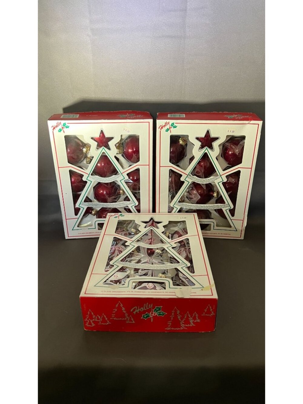 Holly Christmas Glass Ornaments 10 Ct Red 2 5/8" Vintage Boxed